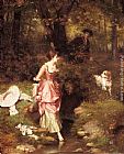 Crossing The Ford Paintings - A Young Beauty Crossing a Brook with a Hunter Beyond by Emile Pierre Metzmacher